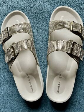 Madden Girl White Slide Sandals with Crystal Rhinestone Straps NEW in box!